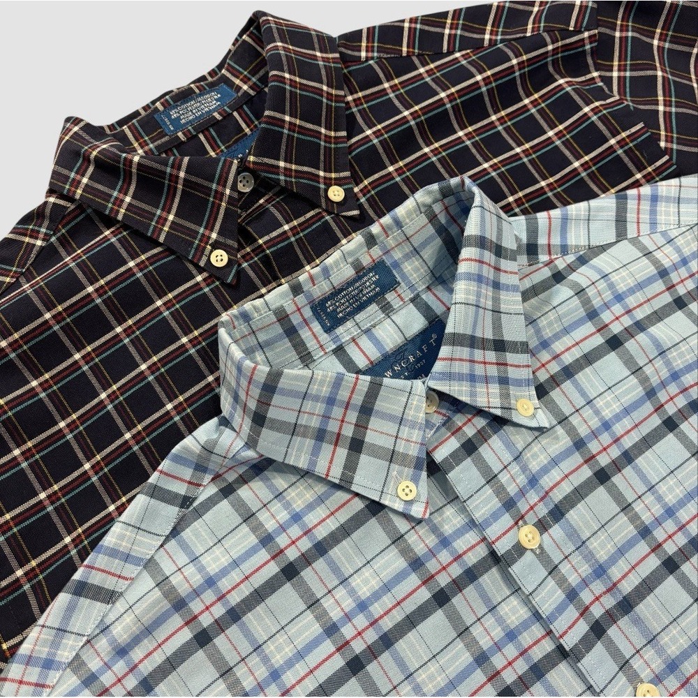 Lot Of 2 Towncraft Men's M Plaid Oxford Wrinkle Free Short Sleeve Button Down